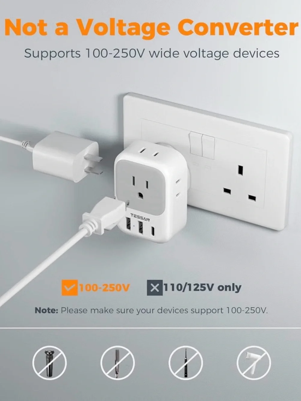 TESSAN UK Adapters for Travel, Type G Adaptor, 2 Pack 4 Outlets 3 USB, NEW